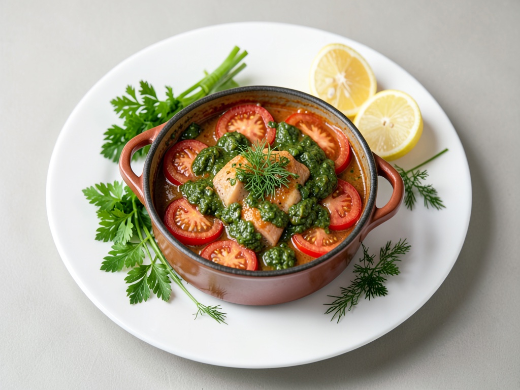 Guiso de pavo y tomate con salsa de hierbas frescas