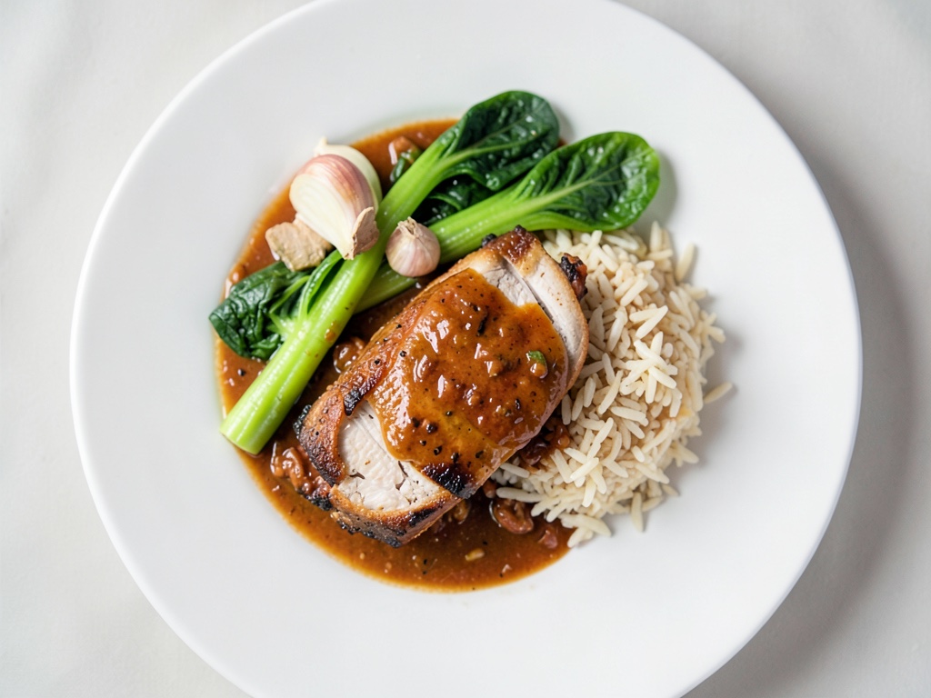 Petto di tacchino con salsa teriyaki, pak choi e riso al cocco