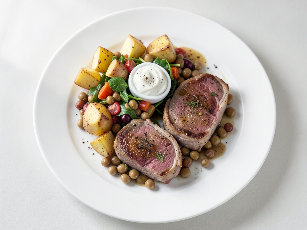 Filetti di tacchino con insalata di patate arrosto e fagiolini e condimento francese