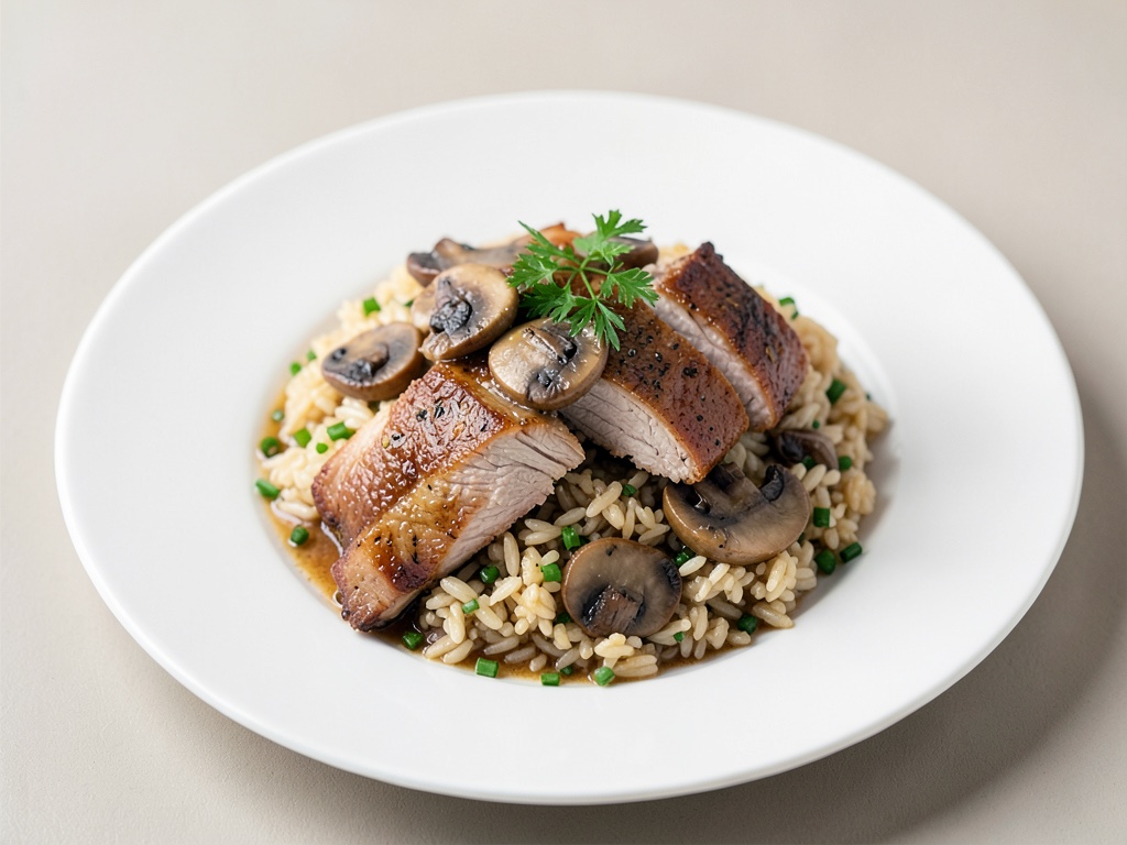 Tender Dindon avec champignons et riz à la ciboulette