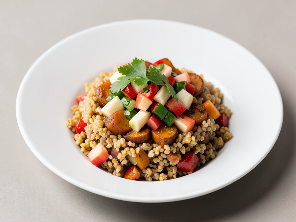 Ciotola di quinoa e patate dolci speziate con salsa fresca di mela