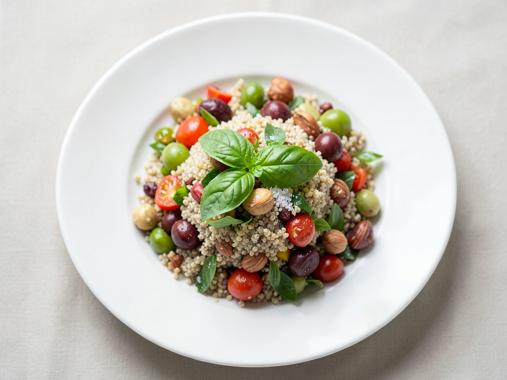 Bowl di quinoa con verdure colorate e salsa cremosa al basilico e noci