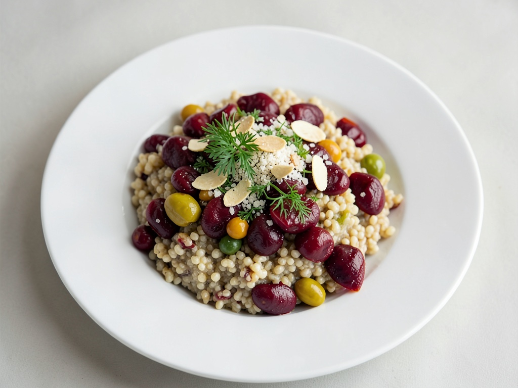 Ceci al forno con barbabietola e risotto cremoso di quinoa con nota croccante di mandorle e prezzemolo