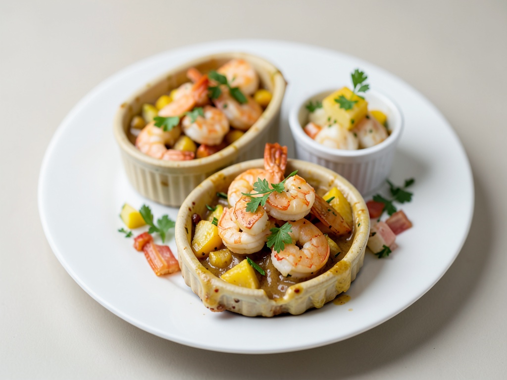 Gamberi e ananas al raclette in tegamino