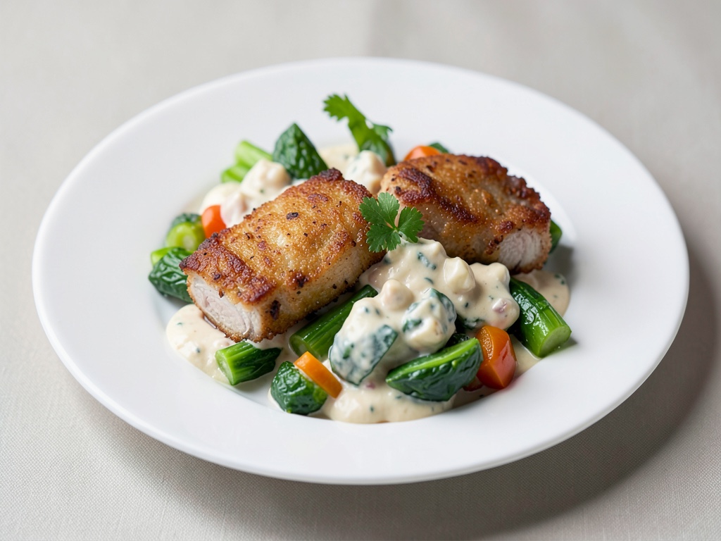 Verdure cremose con cotolette di maiale croccanti