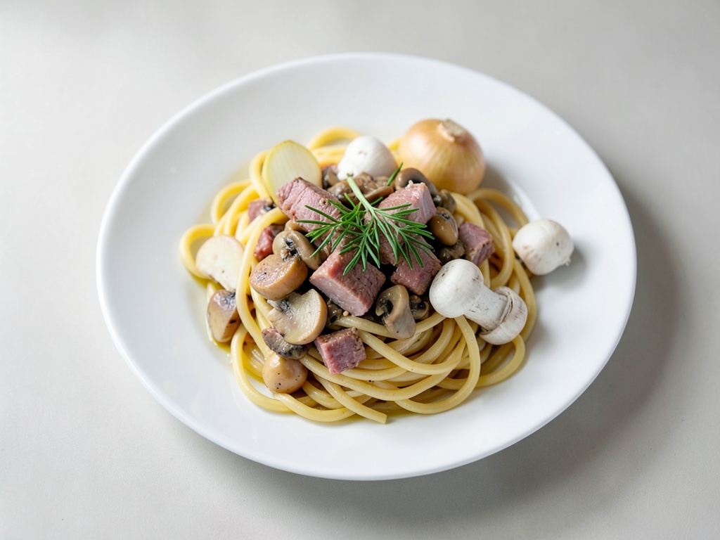 Straccetti alla panna con funghi champignon, spätzle e erba cipollina