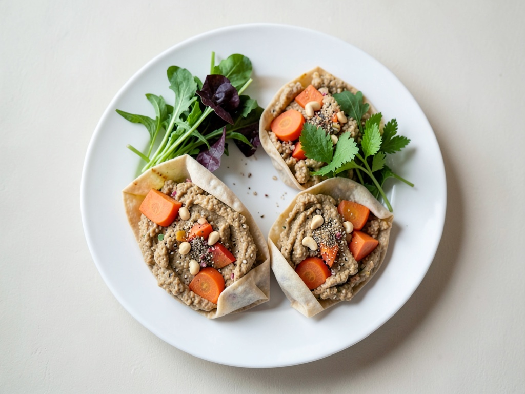 Carote speziate con humus di arachidi e insalata di erbe in tasche di pita