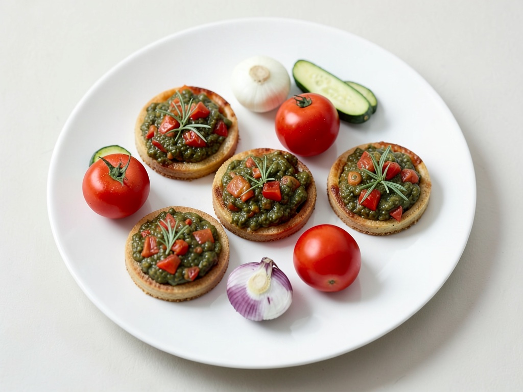 Tartellette croccanti di ratatouille con fresco dip di pomodori e rosmarino