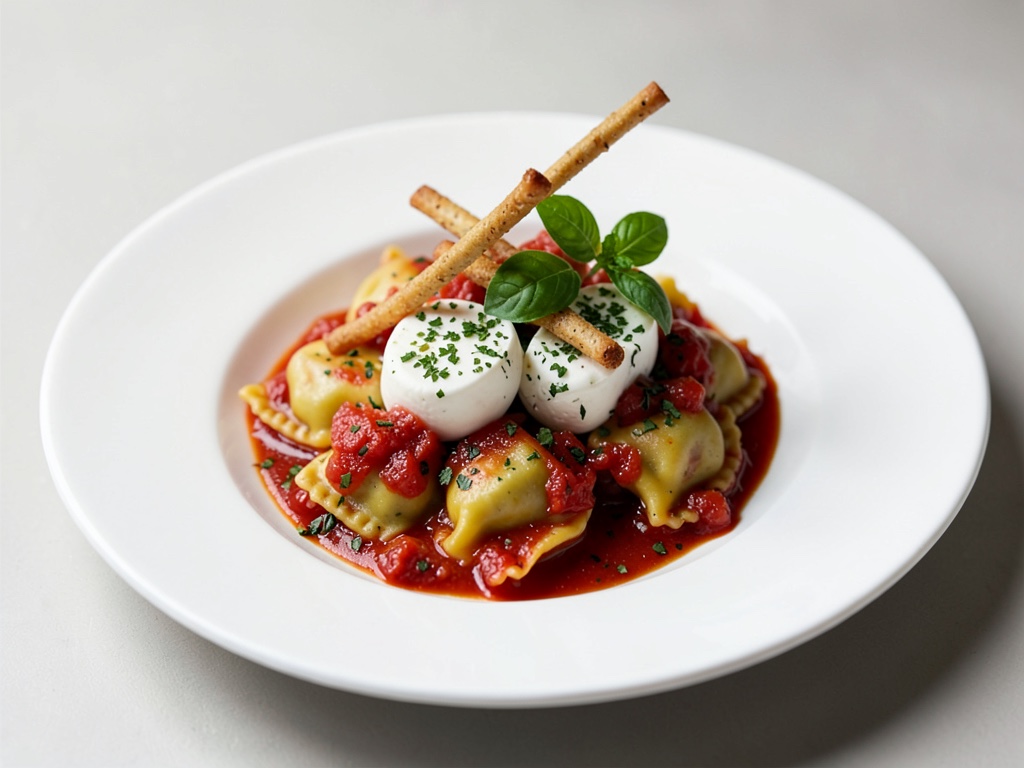 Ravioli con mozzarella di bufala su pomodori stufati con basilico e crunch di grissini