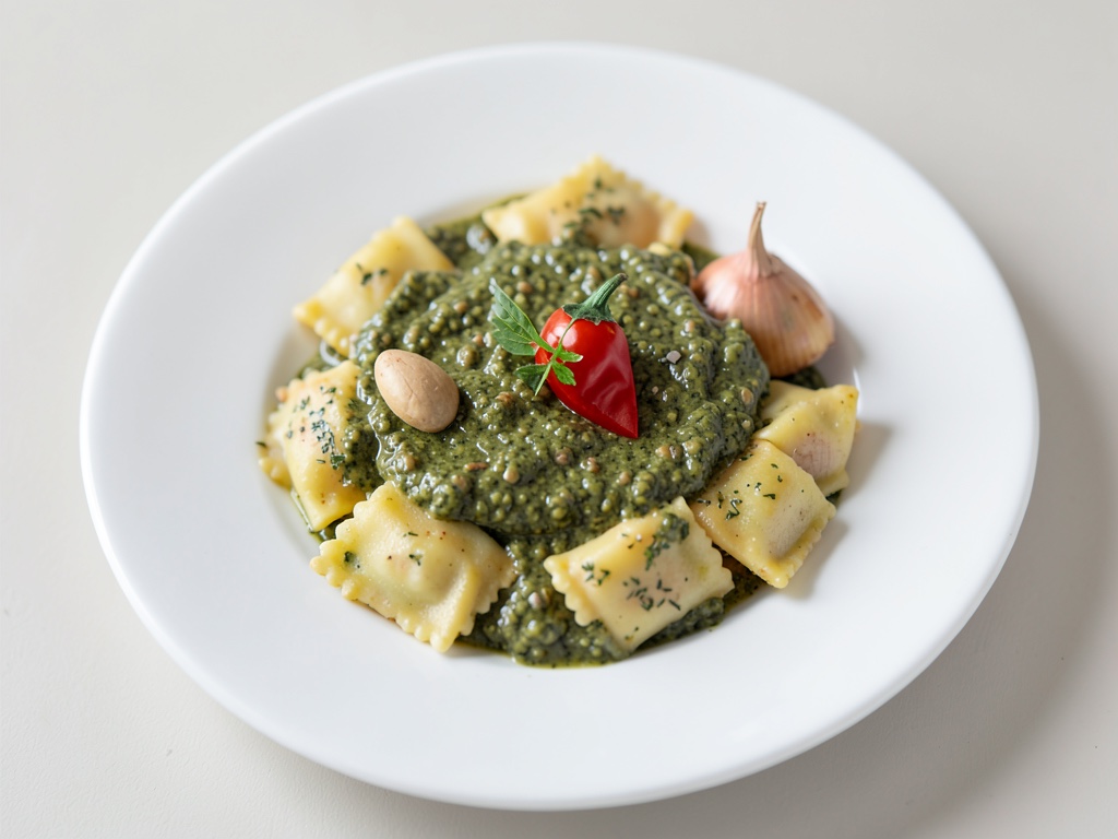 Ravioli in crema di spinaci e peperoni