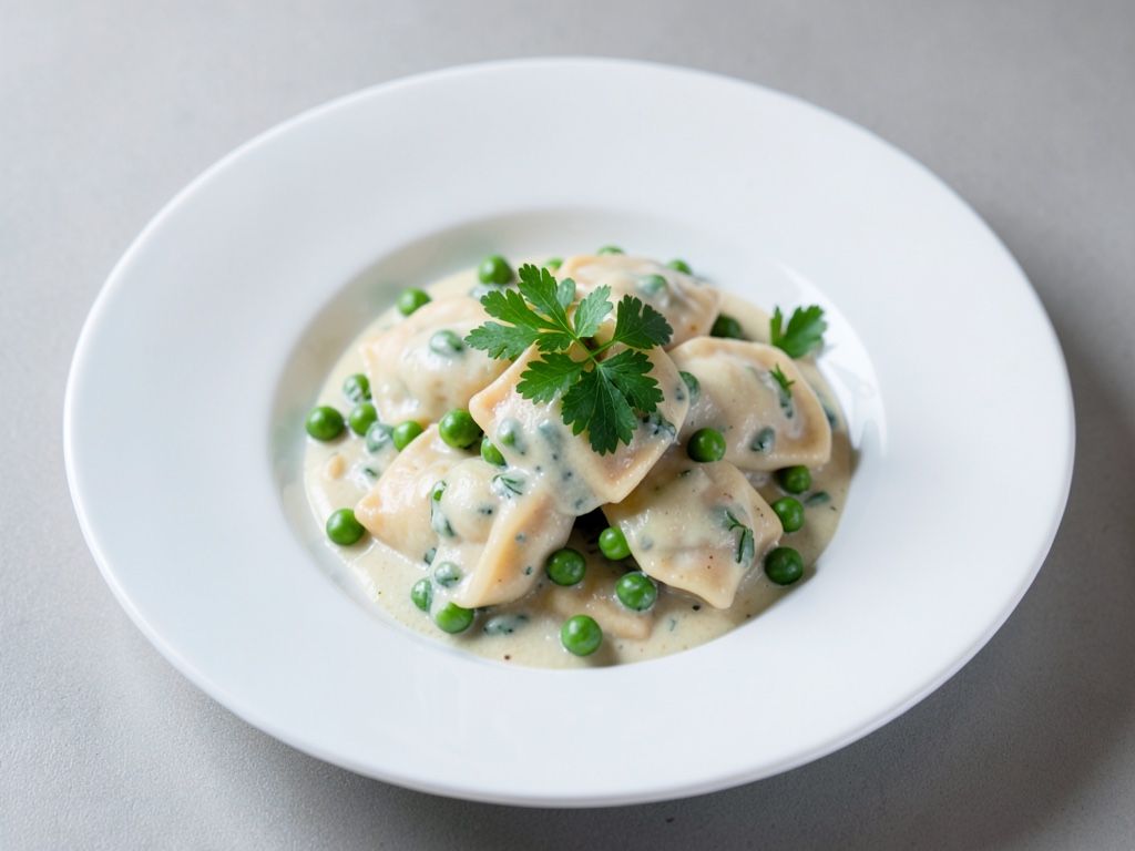 Ravioli cremosi con piselli e erbe fresche