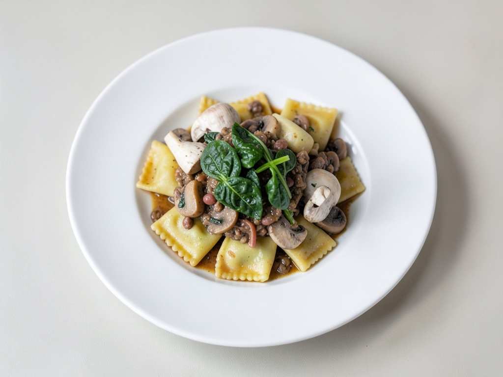 Ravioli con verduras de champiñones y espinacas