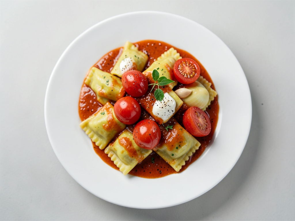 Ravioli cremosi con pomodori e spinaci