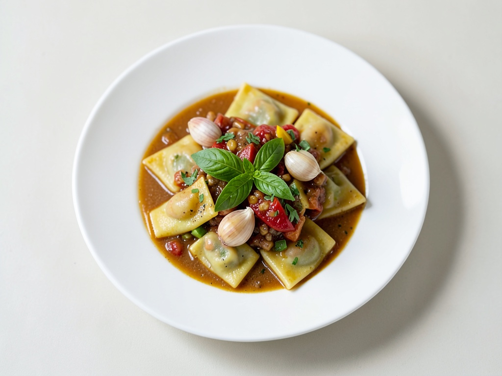 Ravioli con jus di verdure radicate e basilico