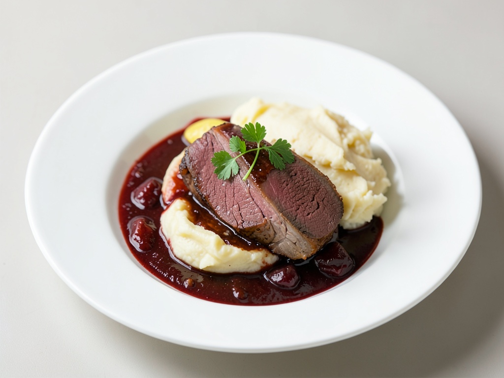 Tenero guazzetto di cervo al vino rosso con crema di patate
