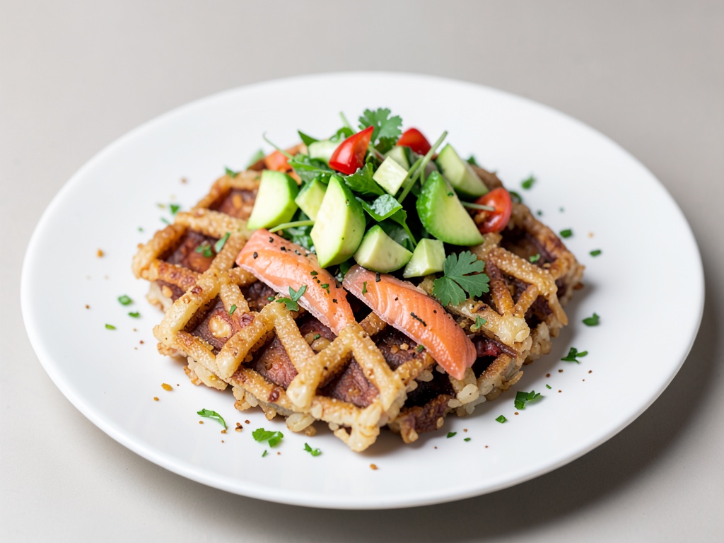 Crocchette di riso croccanti con salmone e insalata fresca di avocado e cetriolo