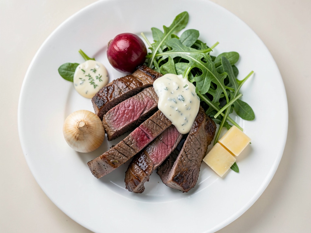 Bistec di Rib-Eye succoso con rucola croccante e condimento al Parmesan cremoso