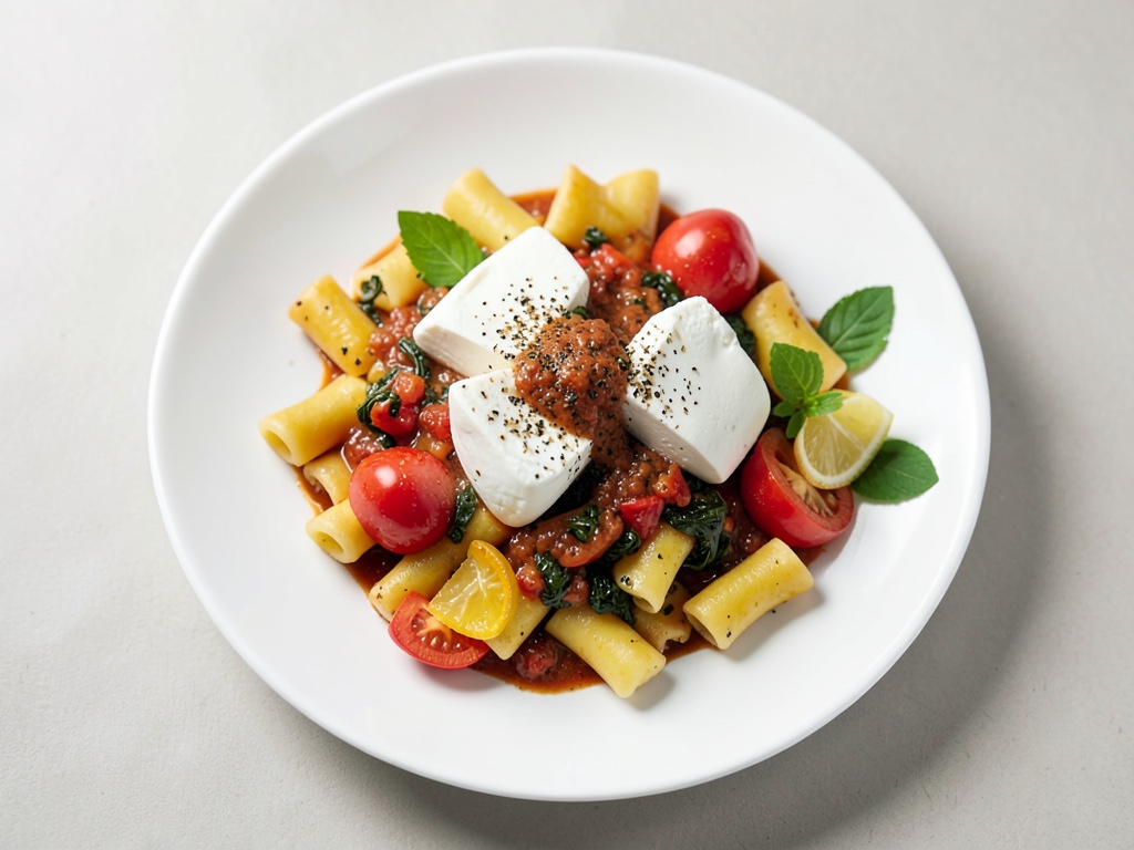 Ravioli di ricotta e spinaci con salsa al peperone e mozzarella marinata