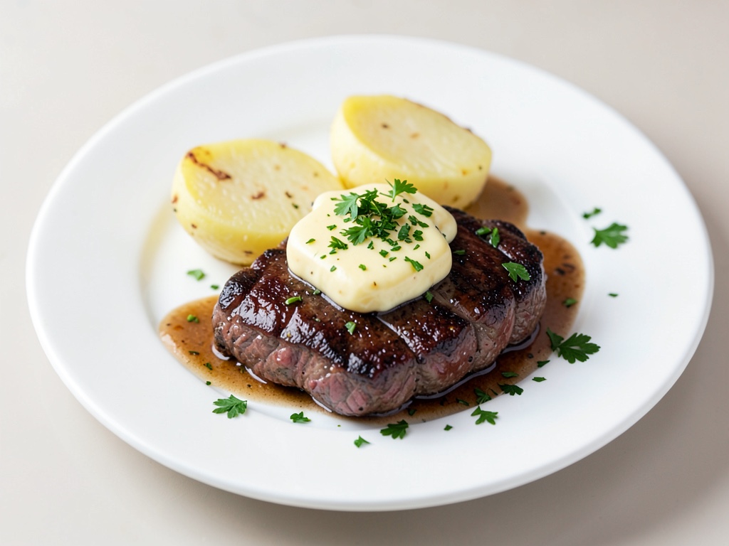 Bistecche di manzo succulente con burro alle erbe e patate a ventaglio croccanti