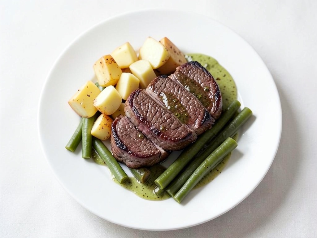 Bistecche di manzo succose con cubetti di patate croccanti e fagiolini in vinaigrette di scalogno piccante