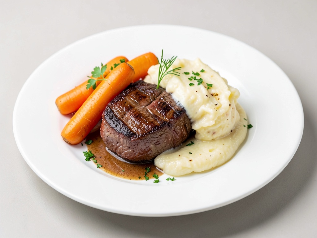 Filetto di manzo succoso con carote dorato e gratin di patate cremoso