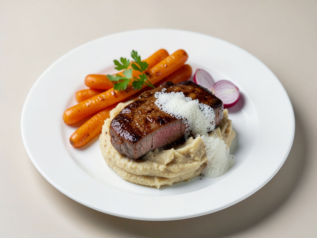 Filetto di manzo succulento con purè di patate alle noccole e crema, carote glassate al miele, scalogno al vino rosso e schiuma leggera di Pecorino