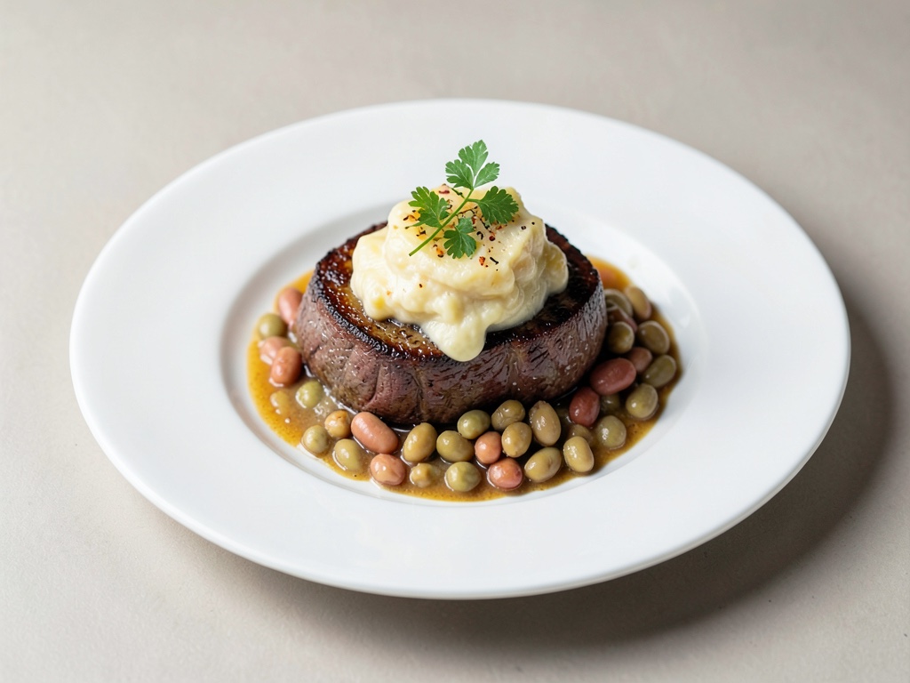 Filetto di manzo succoso con gratin di patate cremoso e fagiolini colorati