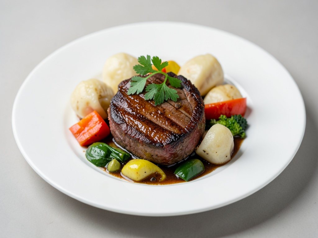 Suculente bistecca di filetto di manzo con gnocchi e verdure