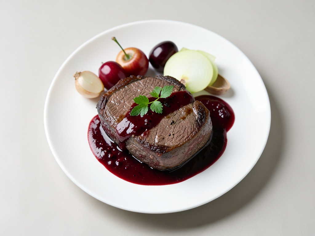 Filet de bœuf à la sauce cerises et vin rouge