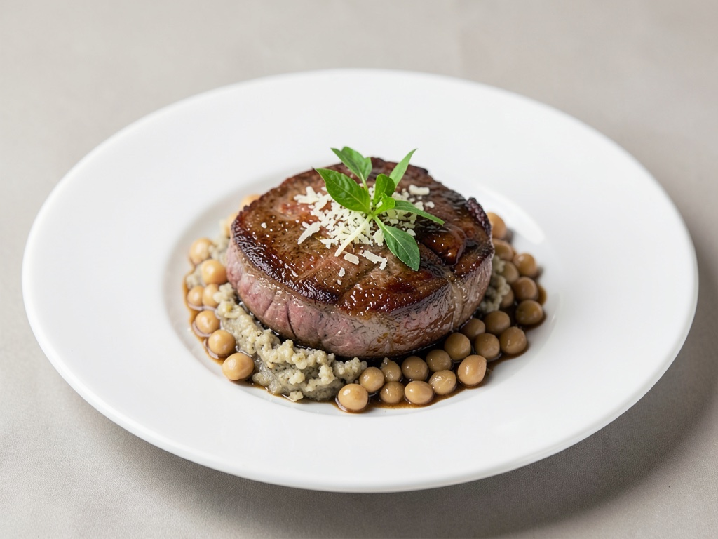 Fillet de bœuf juteux avec purée de truffe et haricots au parmesan