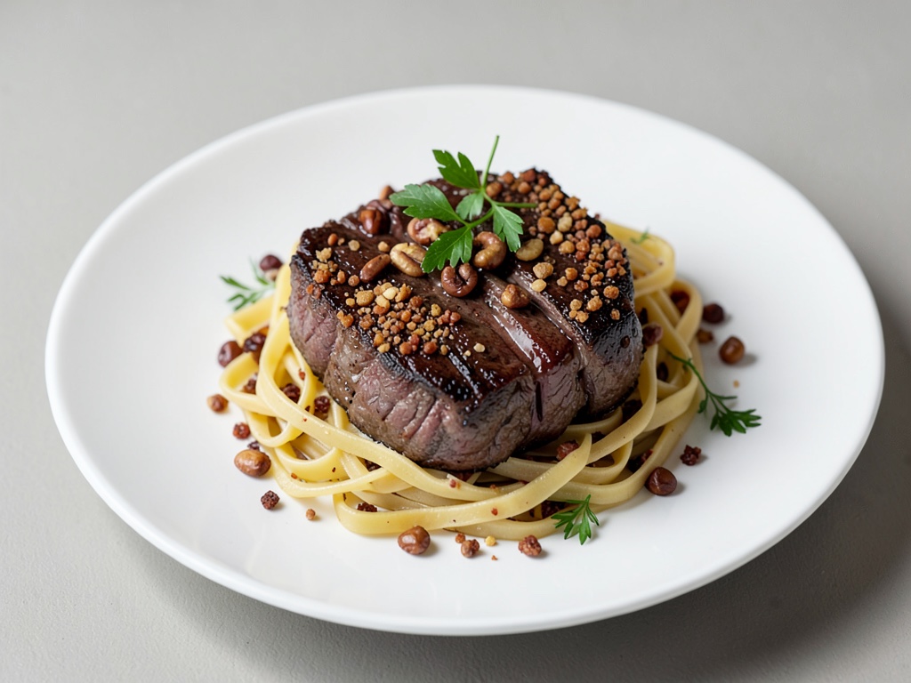 Bistecche di filetto di manzo succulente con crosta di castagne e tagliatelle