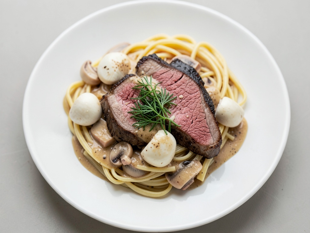 Fines lanières de bœuf en sauce crémeuse aux champignons avec spätzle