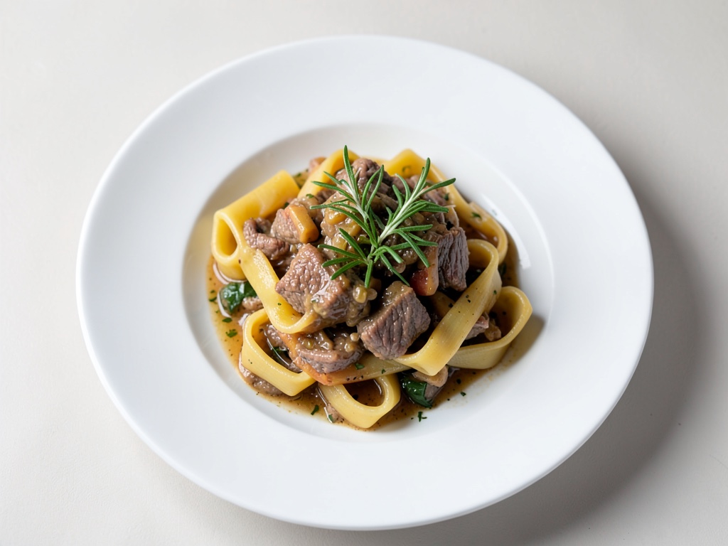 Ragoût de bœuf juteux au romarin et tagliatelles