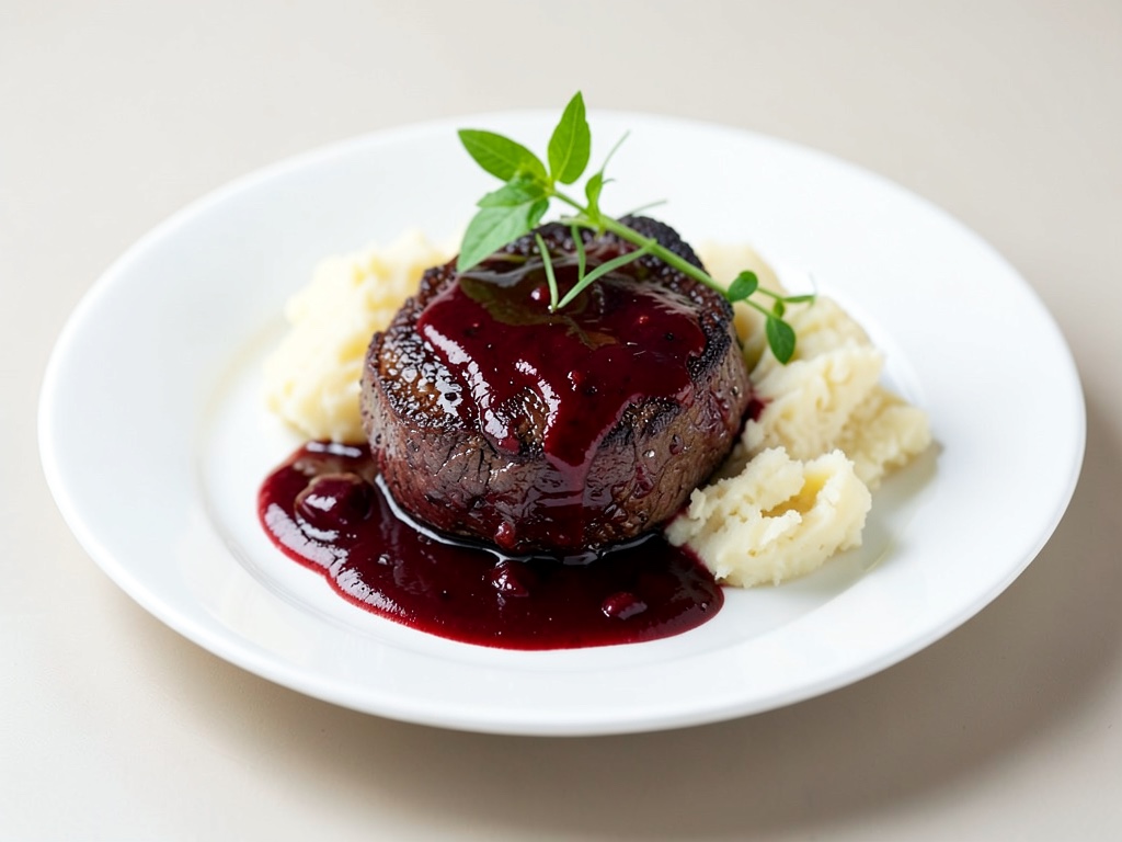 Juteux steak de bœuf (flank) en sauce au vin rouge avec purée de pommes de terre crémeuse