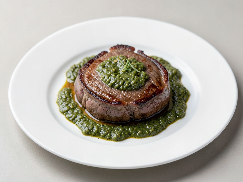 Bistecco di manzo succoso al pesto fresco all'oliva