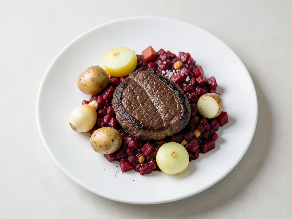 Steak de bœuf avec gratin de pommes de terre à la betterave