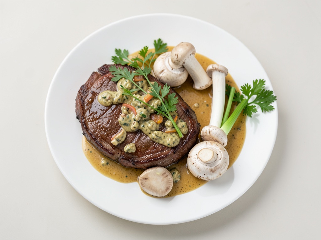 Bistec di manzo succoso con mix di funghi champignon e porro in salsa di arrosto