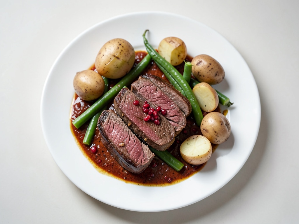 Filetto di manzo succoso con patate a ventaglio e fagiolini verdi in jus di melograno