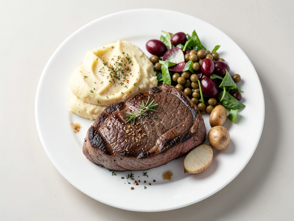 Bistec di manzo succoso con purè di patate cremoso e insalata fresca di fagioli e uva