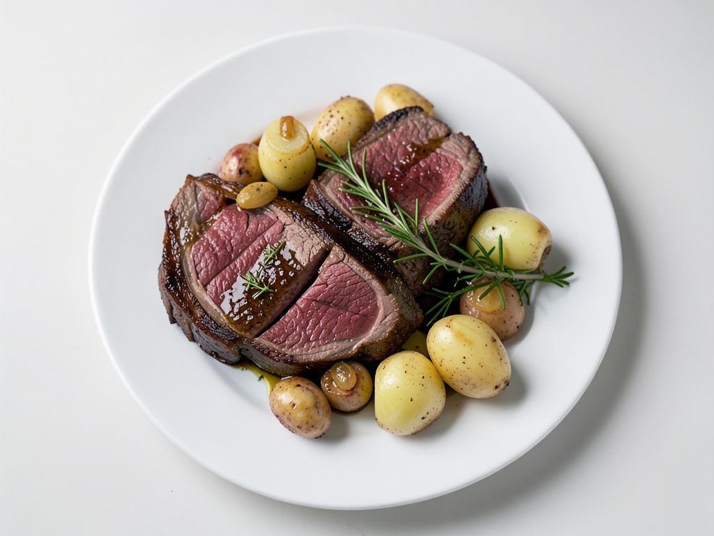 Bistecche di manzo con cipolle stufate all'aceto balsamico e patate al rosmarino