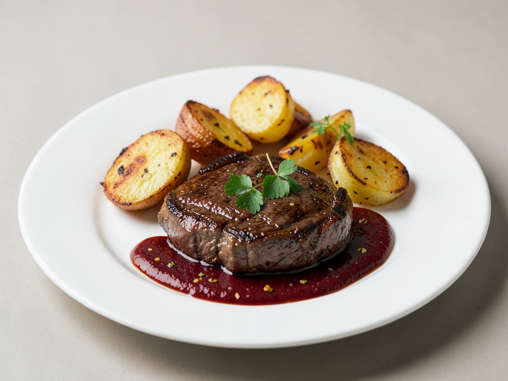 Saftige Rindersteaks mit knusprigen Ofenkartoffeln und scharfer Mojo-Rojo-Sauce