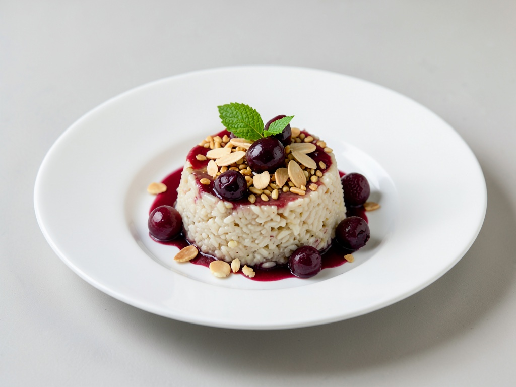 Dänische Reispudding-Dessert mit Kirschen und Mandeln