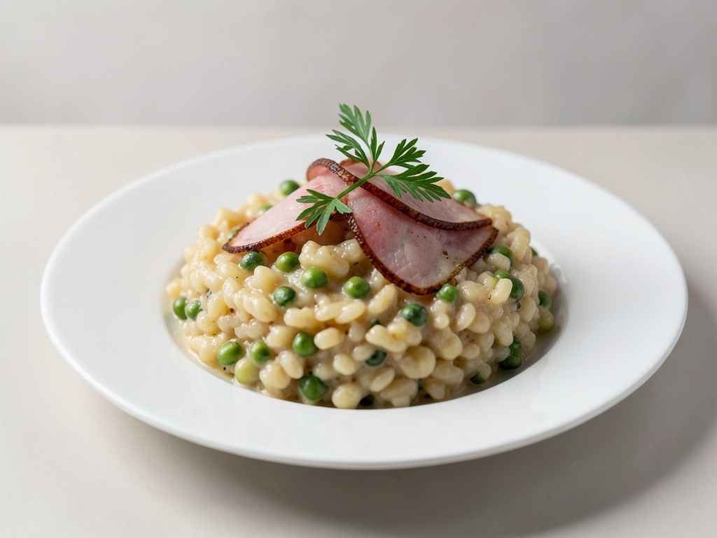 Risotto cremoso con piselli e prosciutto