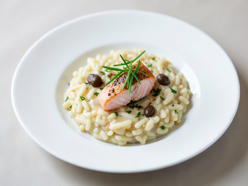 Risotto cremoso con salmone aromatico e erba cipollina fresca