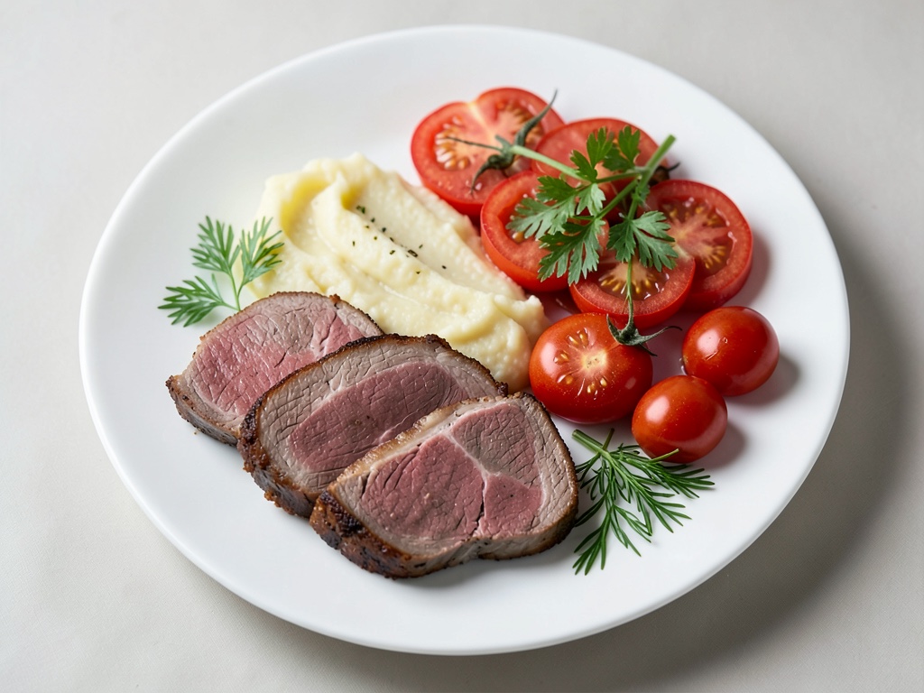 Roastbeef juteux avec crème de pommes de terre crémeuse et salade de tomates fraîche