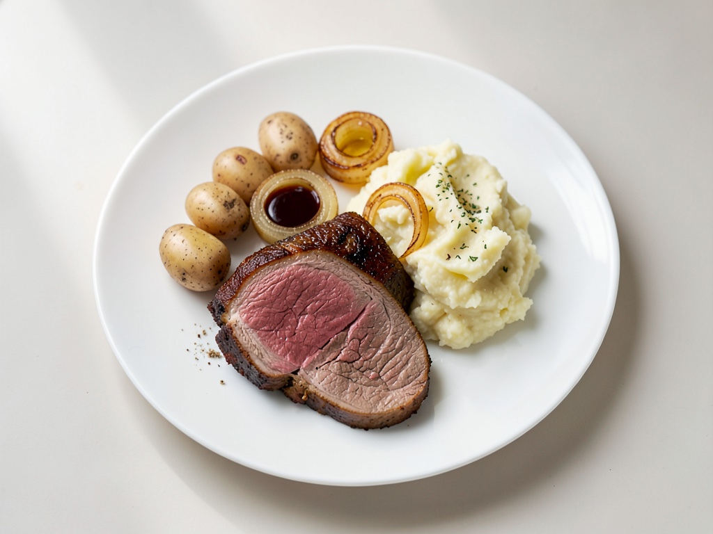 Saftiges Roastbeef mit süß-karamellisierten Zwiebeln und fluffigem Kartoffelbrei