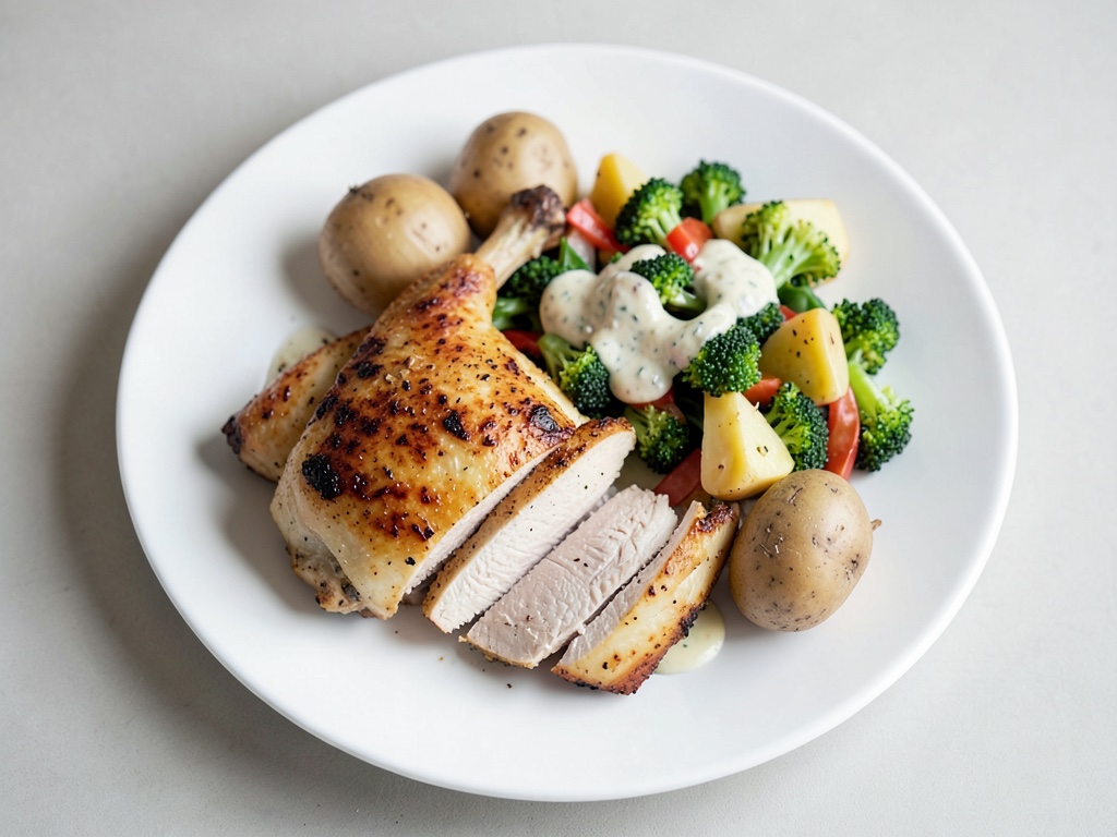 Pollo al forno con insalata tiepida di patate e broccoli e condimento al pesto