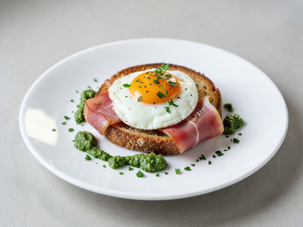 Pan tostado crujiente con huevo escalfado, jamón serrano y pesto