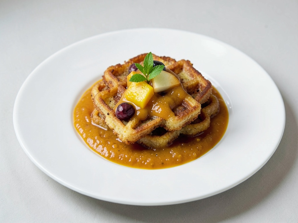 Waffles de Rösti crujientes con topping de manzana y mango frutal