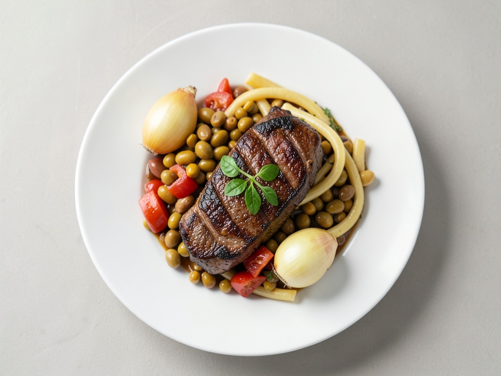 Bistecche con cipolle fritte, fagioli e Schupfnudeln